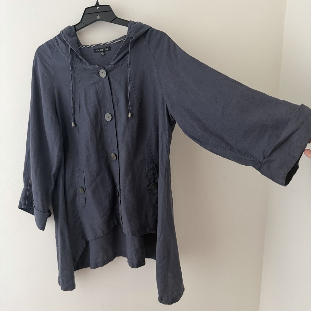100 % Linen Spanner Navy Hooded Button-Front Jacket - Picture 2 of 8